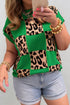 Leopard Checkered Contrast Short Sleeve Plus Size Sweater