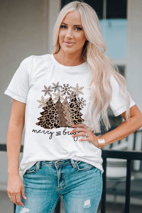 Leopard Christmas Tree Graphic Print Crew Neck T Shirt