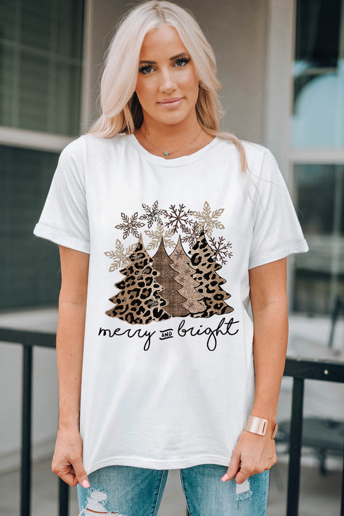 Leopard Christmas Tree Graphic Print Crew Neck T Shirt