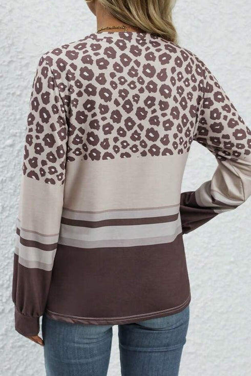Leopard Color Block Crewneck Long Sleeve Top
