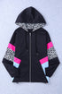 Leopard Color Block Pockets Zip-Up Hooded Jacket