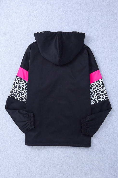 Leopard Color Block Pockets Zip-Up Hooded Jacket