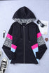 Leopard Color Block Pockets Zip-Up Hooded Jacket