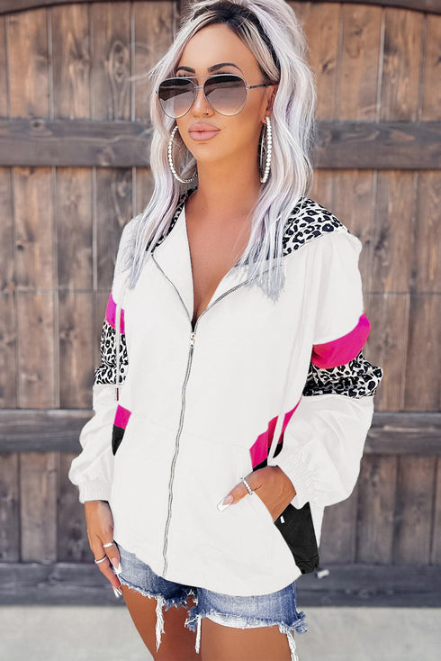Leopard Color Block Pockets Zip-Up Hooded Jacket
