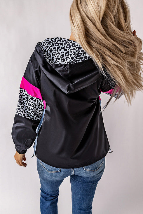 Leopard Color Block Pockets Zip-Up Hooded Jacket