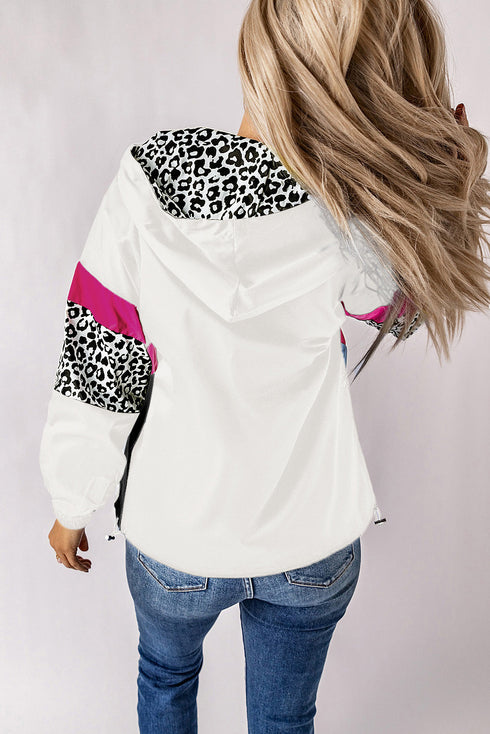 Leopard Color Block Pockets Zip-Up Hooded Jacket
