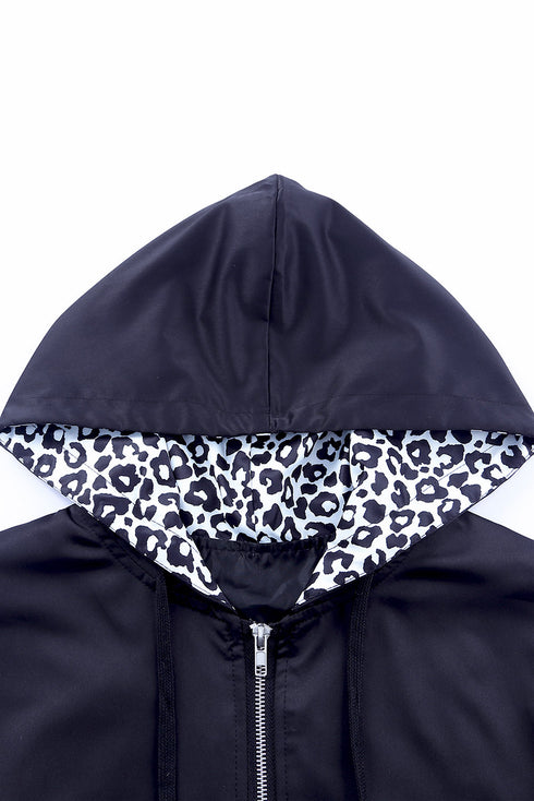 Leopard Color Block Pockets Zip-Up Hooded Jacket