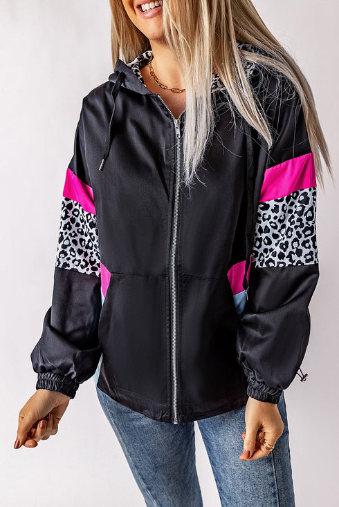 Leopard Color Block Pockets Zip-Up Hooded Jacket