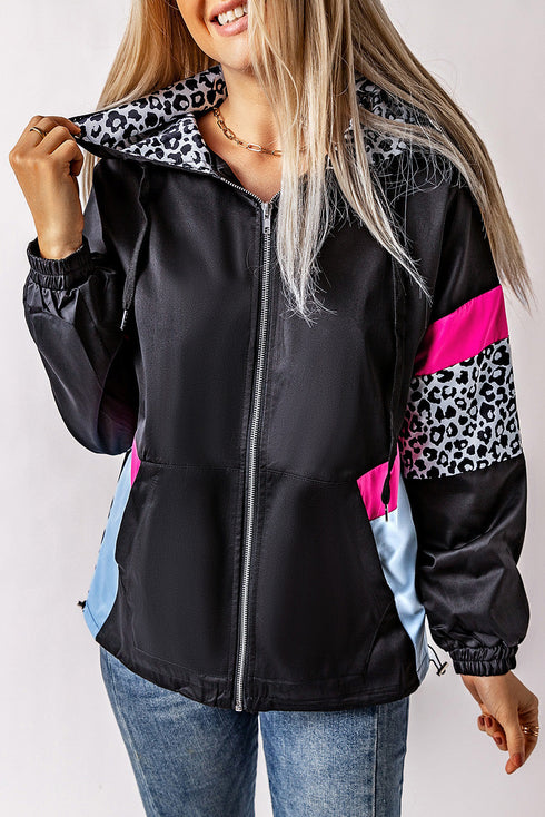 Leopard Color Block Pockets Zip-Up Hooded Jacket