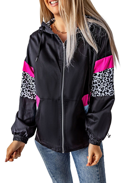 Leopard Color Block Pockets Zip-Up Hooded Jacket