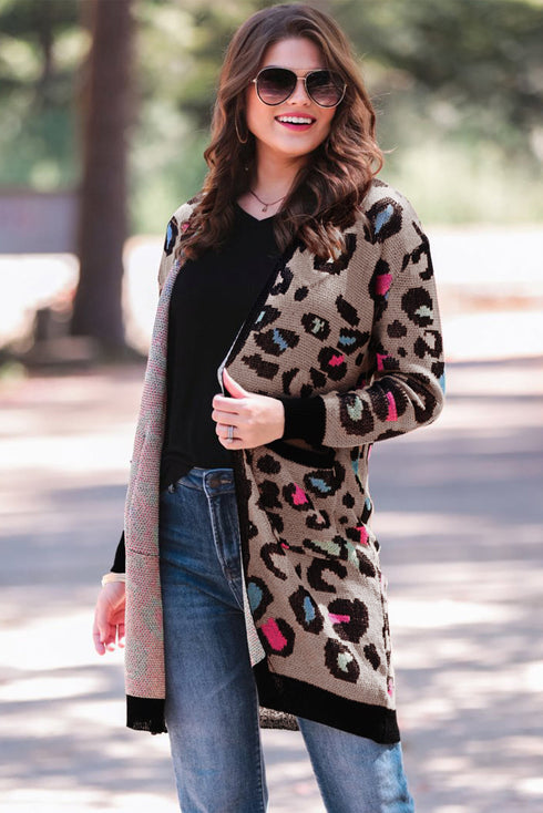Leopard Contrast Trim Pocketed Open Cardigan