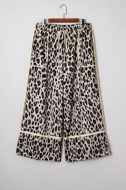 Leopard Exposed Seam Patched Pocket Drawstring Wide Leg Pants