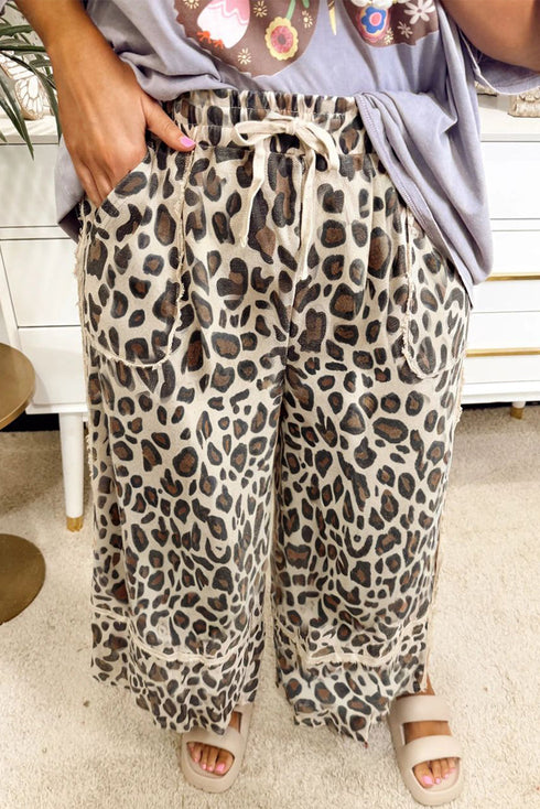 Leopard Exposed Seam Patched Pocket Drawstring Wide Leg Pants