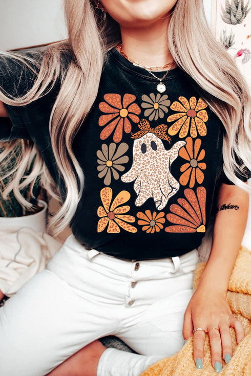 Leopard Floral Graphic Crew Neck T Shirt