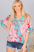 Leopard Floral Mixed Print Ruffle Sleeve Surplice Blouse