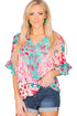 Leopard Floral Mixed Print Ruffle Sleeve Surplice Blouse