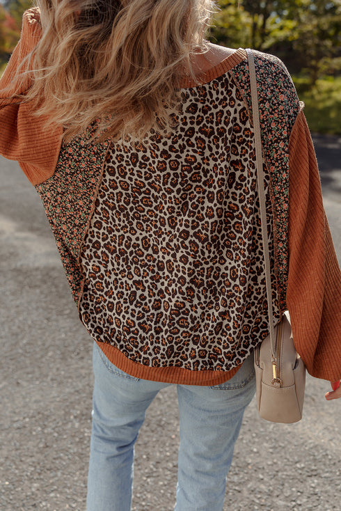 Leopard Floral Patchwork Ribbed Puff Sleeve Pullover Top