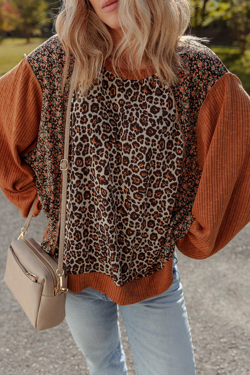 Leopard Floral Patchwork Ribbed Puff Sleeve Pullover Top
