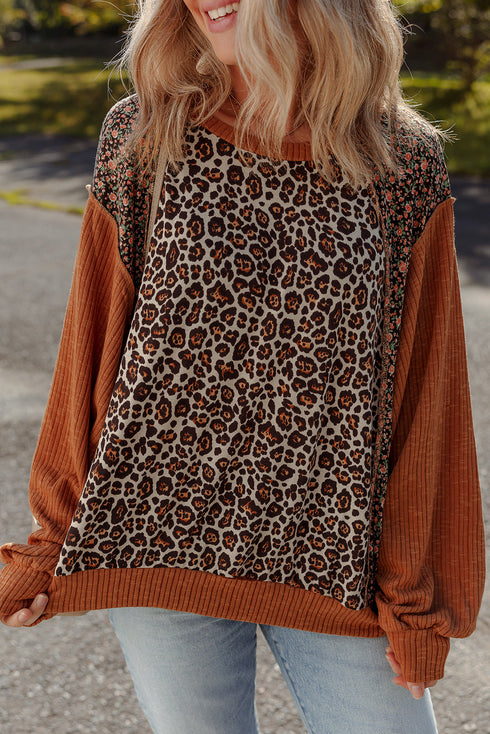 Leopard Floral Patchwork Ribbed Puff Sleeve Pullover Top