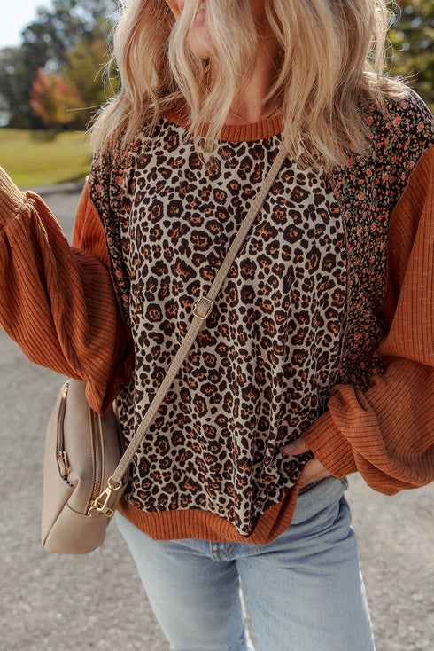 Leopard Floral Patchwork Ribbed Puff Sleeve Pullover Top