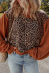 Leopard Floral Patchwork Ribbed Puff Sleeve Pullover Top