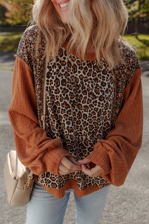 Leopard Floral Patchwork Ribbed Puff Sleeve Pullover Top