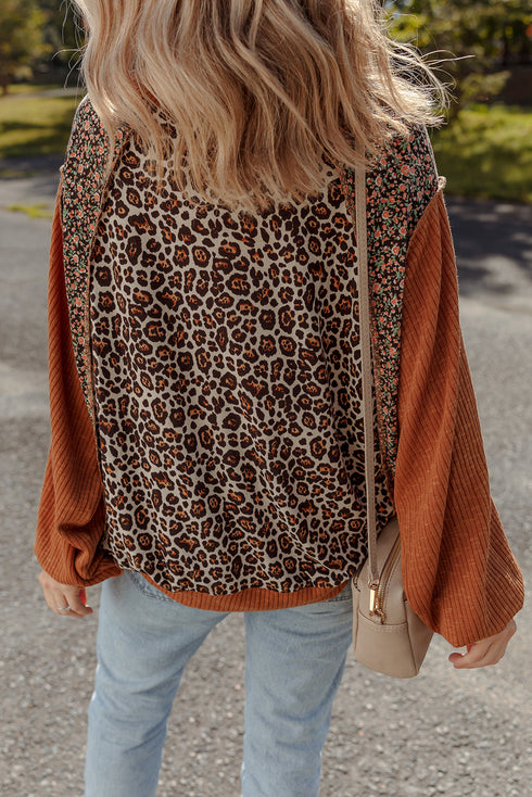 Leopard Floral Patchwork Ribbed Puff Sleeve Pullover Top