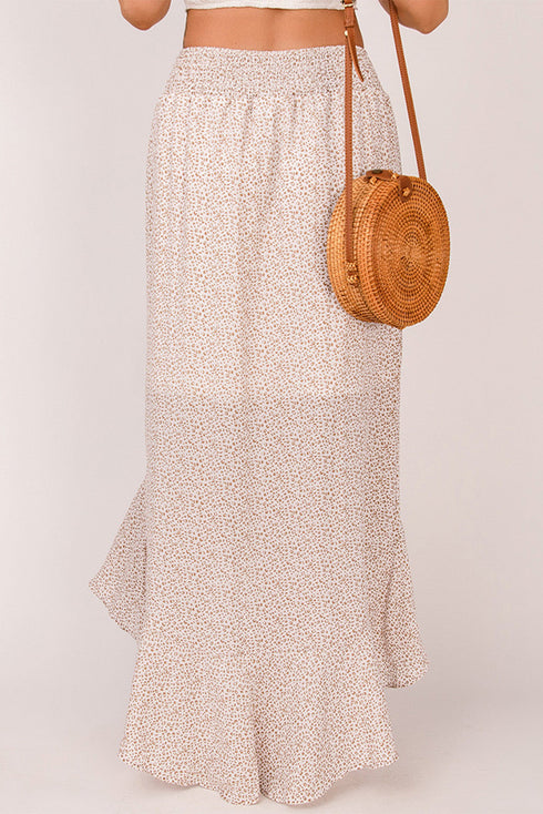 Leopard Floral Print Buttons Flounce Side Slit High Waist Maxi Skirts