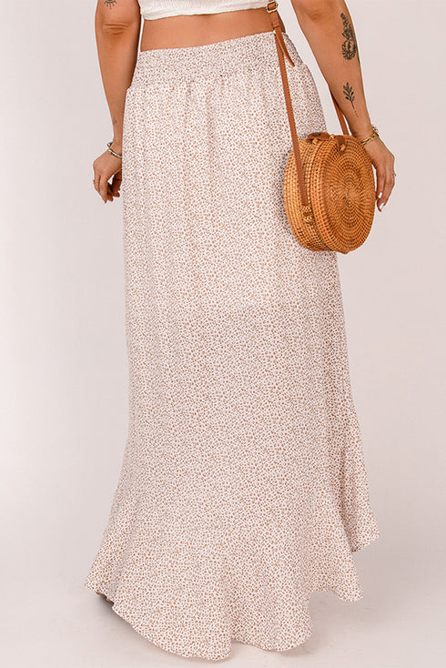 Leopard Floral Print Buttons Flounce Side Slit High Waist Maxi Skirts