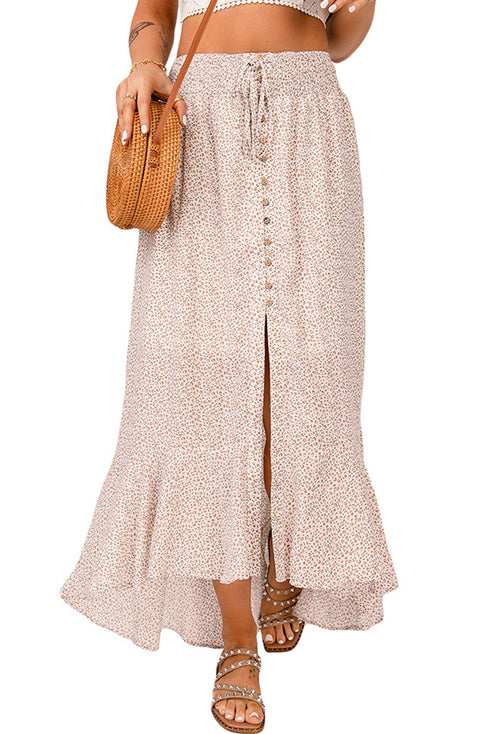 Leopard Floral Print Buttons Flounce Side Slit High Waist Maxi Skirts