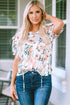 Leopard Floral Print Split Neck Puff Sleeve Blouse