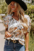 Leopard Floral Print Split Neck Puff Sleeve Blouse