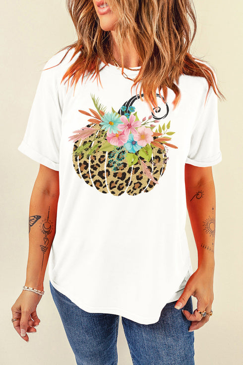 Leopard Floral Pumpkin Graphic Print Short Sleeve T Shirt
