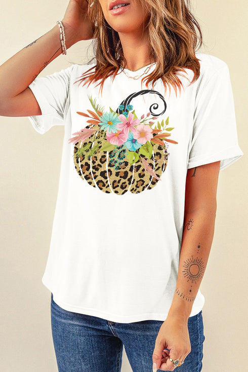 Leopard Floral Pumpkin Graphic Print Short Sleeve T Shirt