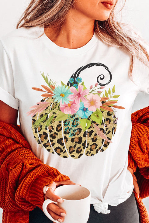 Leopard Floral Pumpkin Graphic Print Short Sleeve T Shirt