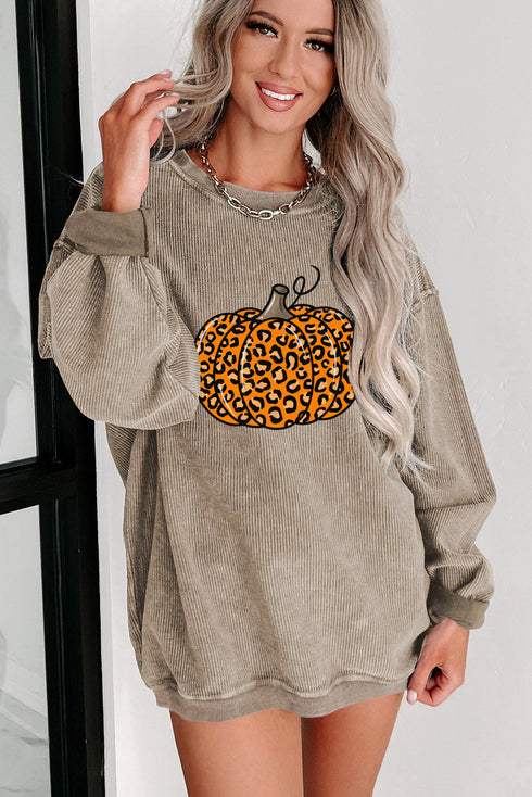 Leopard Graphic Corded Knit Crew Neck Sweatshirt