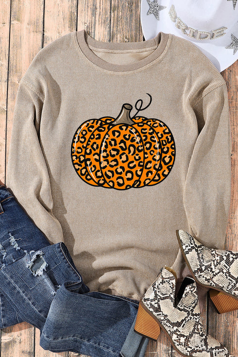 Leopard Graphic Corded Knit Crew Neck Sweatshirt