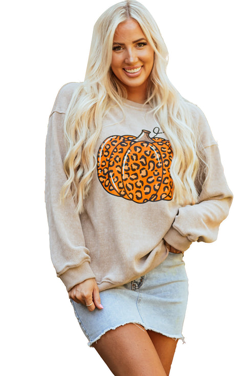 Leopard Graphic Corded Knit Crew Neck Sweatshirt
