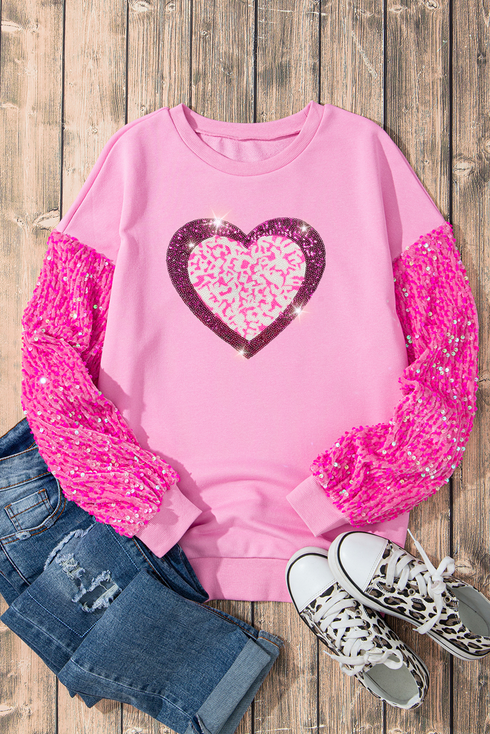 Leopard Heart Graphic Sequin Patchwork Long Sleeve Tee