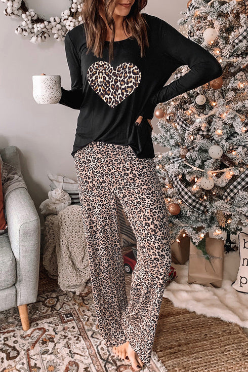 Leopard Heart Print Long Sleeve Top And Pants Loungewear