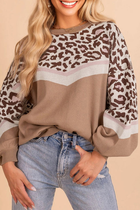 Leopard Jacquard Chevron Stripe Drop Shoulder Sweater
