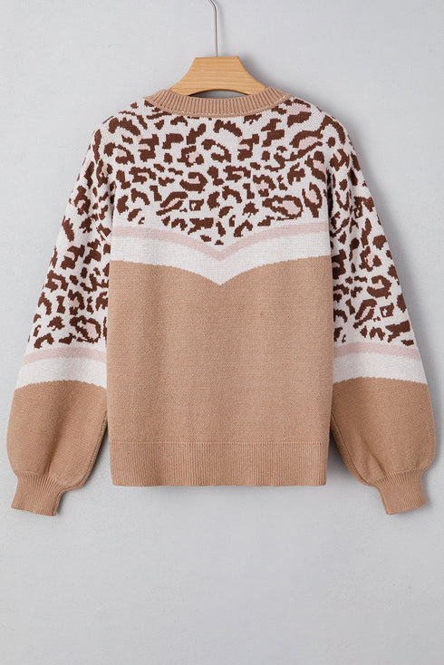 Leopard Jacquard Chevron Stripe Drop Shoulder Sweater