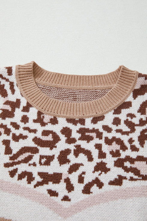 Leopard Jacquard Chevron Stripe Drop Shoulder Sweater