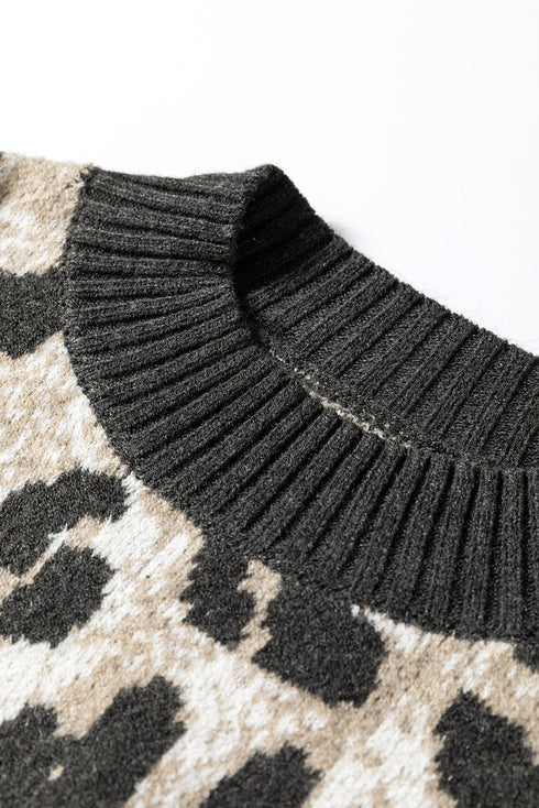 Leopard Jacquard Drop Shoulder Oversized Crew Neck Sweater