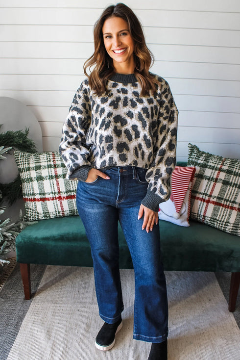 Leopard Jacquard Drop Shoulder Oversized Crew Neck Sweater