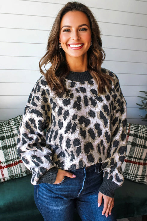 Leopard Jacquard Drop Shoulder Oversized Crew Neck Sweater