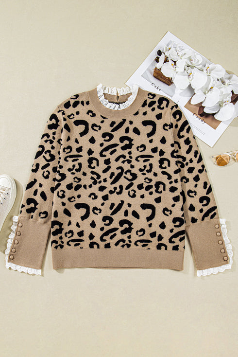Leopard Jacquard Lace Ruffle Trim Button Cuff Sweater