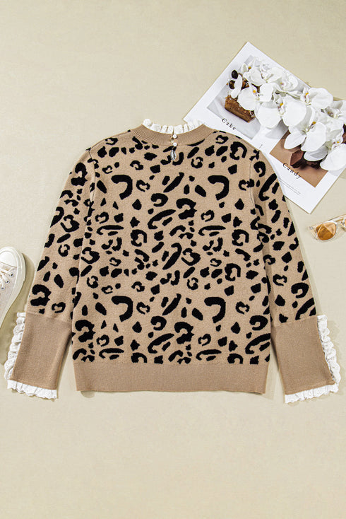Leopard Jacquard Lace Ruffle Trim Button Cuff Sweater