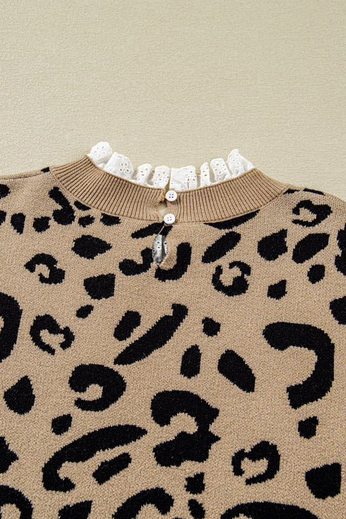 Leopard Jacquard Lace Ruffle Trim Button Cuff Sweater