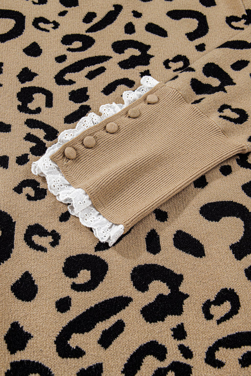 Leopard Jacquard Lace Ruffle Trim Button Cuff Sweater